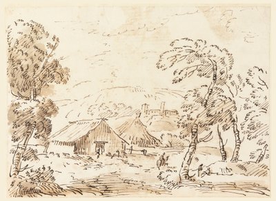 素描『山間の農民の住居と城』1762-1786年 作： カルロ・マルキオーニ