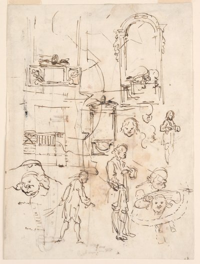 素描、建築と人物スケッチ、1760年頃 作： カルロ・マルキオーニ