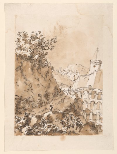 素描《山間の町のある風景》1760-80年 作： カルロ・マルキオーニ