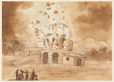 ドローイング、燃える塔のある風景 作： Carlo Marchionni