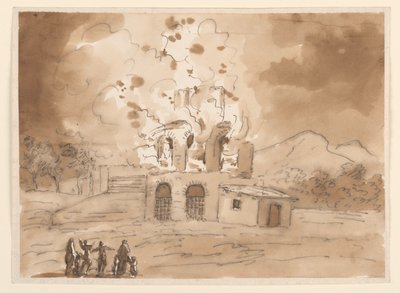 ドローイング、燃える塔のある風景、1780年頃 作： カルロ・マルキオーニ