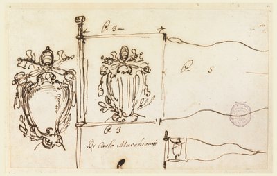 素描、教皇ベネディクト14世の旗のための3つのスケッチ、1740-58年 作： カルロ・マルキオーニ