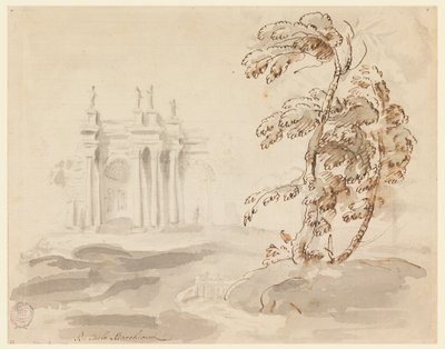 ドローイング、建物のある風景の中の木、1756-78年 作： カルロ・マルキオーニ