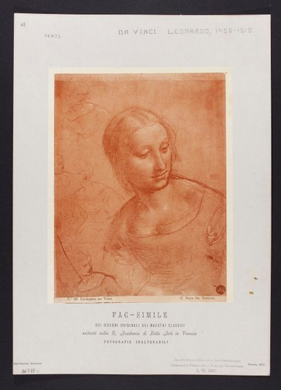 Studie eines weiblichen Büstenbildes, Zeichnung von Leonardo da Vinci (1452-1519) aus der Sammlung der R. Accademia di Belle Arti in Venedig; Tafel aus der Mappe: "Fac-simile dei disegni originali dei maestri classici esistenti nella R. Academia di Belle A 作： カルロ・ナヤ