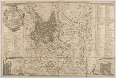 左下のパンテオンと凱旋門の下部リグを望む古代ローマの平面図、1748 年 作： Carlo Nolli
