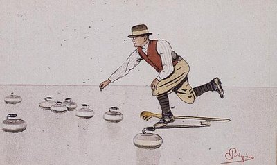 カーリングの試合で石を投げる人（カラーリトグラフ） 作： Carlo Pellegrini