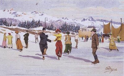 アイスリンクのスケーターたち（カラーリトグラフ） 作： Carlo Pellegrini