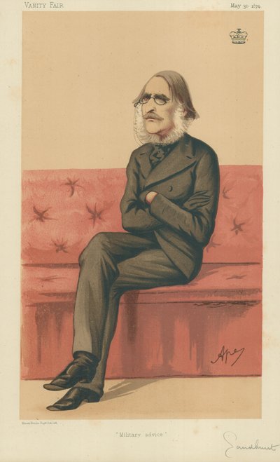 右首ロードサンドハースト、軍事アドバイス、1874年5月30日、バニティフェア漫画 作： Carlo Pellegrini