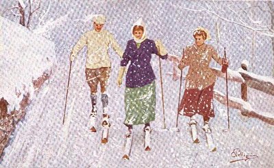 吹雪の中の3人のスキーヤー（カラーリトグラフ） 作： Carlo Pellegrini