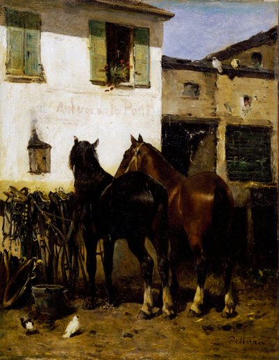 カルロ・ピッタラ（1836-1891）の絵画「ポストホース」、油彩・キャンバス、41x32cm、イタリア 作： Carlo Pittara