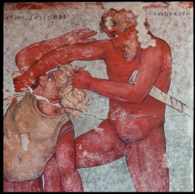 エトルリア文明。カルロ・ルスピ（1786-1863）がヴルチのフランソワ墳墓の紀元前4世紀のフレスコ画を複製した「パトロクロスに敬意を表してトロイアの捕虜を犠牲にする表現」。フィレンツェ、考古学博物館 作： Carlo Ruspi