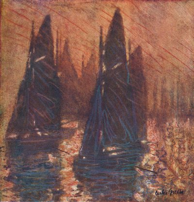 霧の中の漁船、c1913。 作： Carlos Grethe