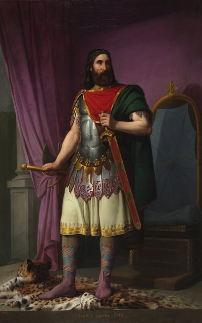 スペインのWisigoth King Egica（またはEgicca、Egiza、Ergica）の肖像画（687-702）（Wisigothic king Egica）Carlos Maria Esquivel y Rivas（1830-1867）による絵画1853年マドリードの宮殿 作： Carlos Maria Esquivel