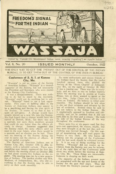 ワサハ」第8巻第20号（1922年10月）発行 作： Carlos Montezuma