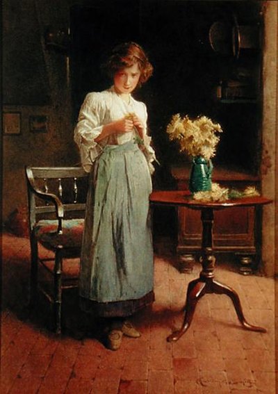 テーブルと椅子のそばのコテージの女の子（紙に水彩） 作： Carlton Alfred Smith