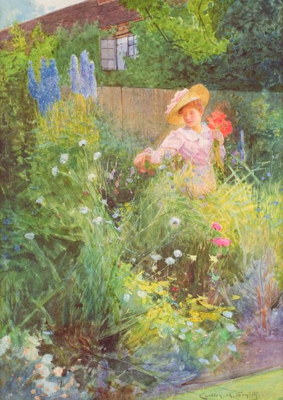 田舎の庭で花を摘む女性（紙に水彩） 作： Carlton Alfred Smith