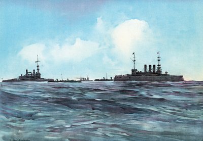 インディアナとニューヨークは、魚雷艇と巡洋艦に側面とガードされています 作： Carlton Theodore Chapman
