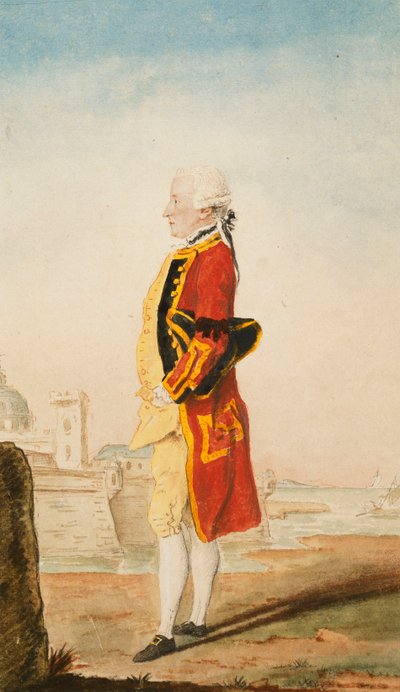 おそらくモリソン大佐、ロイヤルエンジニアの制服を着た、背後にある要塞化された町、1768年 作： Carmontelle