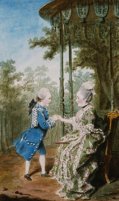 中国パビリオンが息子のサルムの王子と一緒に座っているサルムの王女 作： Carmontelle