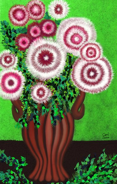 茶色の花瓶に派手な野の花 作： Carol Sousa Cuello