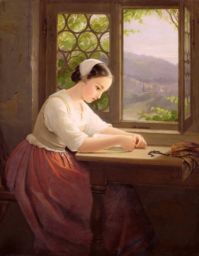 開いているウィンドウで読んでいる女の子 作： Caroline von der Embde