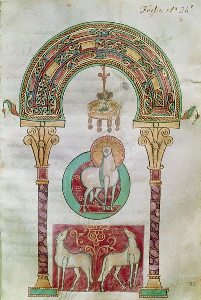 Ms CCII fol.35r Agnus Dei、セビリアのイシドルによるエチモロギアスの神の小羊のイラスト 作： Carolingian School