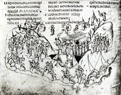ユトレヒト詩篇からの詩篇を描いたさまざまなシーン、現在ユトレヒト大学図書館にあるランスのオリジナルのコピー（ペンとインク） 作： Carolingian School