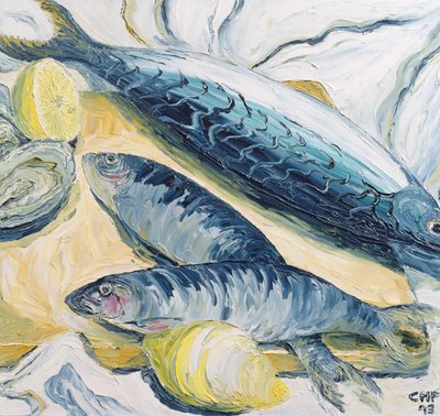 牡蠣とレモンのサバ、1993年（紙に油彩） 作： Carolyn Hubbard Ford