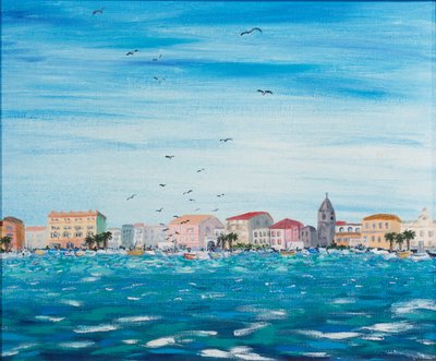 住宅のある海の風景、1995（船内アクリル） 作： Carolyn Hubbard Ford