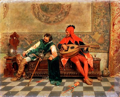 「酔った戦士と宮廷道化師」、19 世紀のイタリアの絵画。 作： Casimiro Tomba
