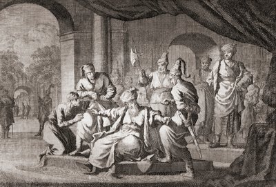 絹の紐で首を絞められた貴族。 オスマン帝国（版画） 作： Caspar (after) Luyken