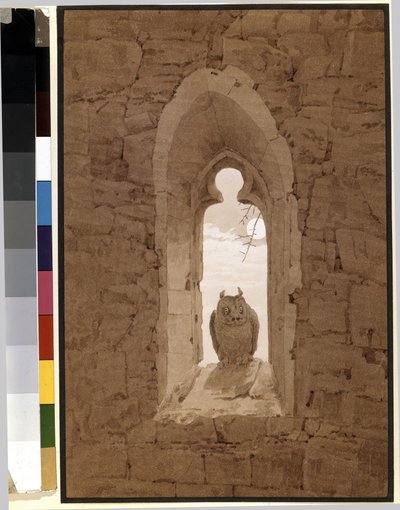 ゴシック様式の窓のフクロウ。 Caspar David Friedrich (1774-1840) の作品、紙に鉛筆、ブラシ、セピア 作： Caspar David Friedrich