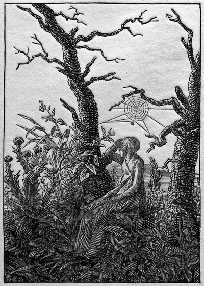 裸の木の間に蜘蛛の巣を持つ女性 作： Caspar David Friedrich