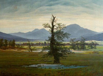 朝の照明のある村の風景 作： Caspar David Friedrich
