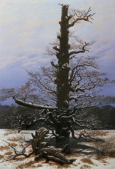 雪の中でオークの木。 1829 作： Caspar David Friedrich