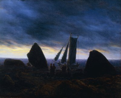 バルト海沿いのビーチで数字を渡す漁船。バルト海のビーチの岩の間の漁船 作： Caspar David Friedrich