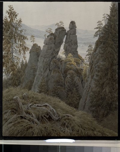 ノイラーテン (ドイツ) の岩の門。 (Neurathen のロック ゲート)。 Caspar David Friedrich (1774-1840) の作品、紙に水彩、1826 年から 1828 年。19 世紀のドイツの芸術、ロマン主義。 国立エルミタージュ、サンクトペテルブルク。 作： Caspar David Friedrich
