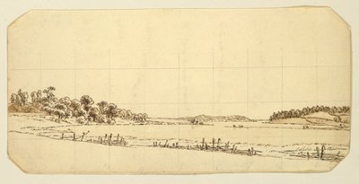 レイクサイド、1802-3（紙に鉛筆でペンと茶色のインクで洗う） 作： Caspar David Friedrich