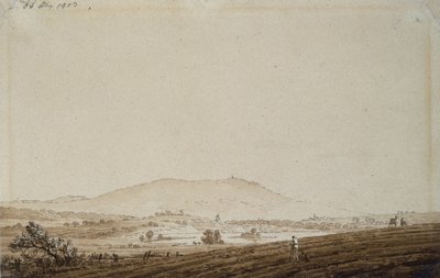 ジェシュケン山を望むボヘミアの風景、1803年（紙にペンとインクで洗う） 作： Caspar David Friedrich
