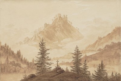1805年頃の谷の霧と山の風景。 作： Caspar David Friedrich