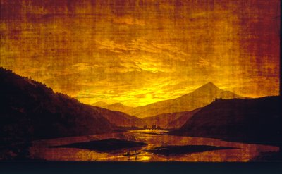 夜の山岳川の風景、1830-35（透明な紙にトイレと気温）（242025とペア） 作： Caspar David Friedrich