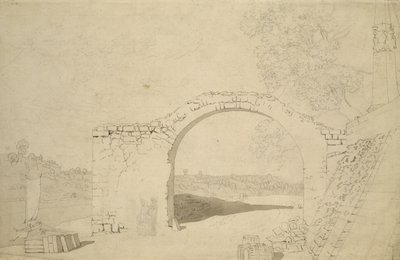 アーチのある川の風景（未完成）（紙に鉛筆、ペン、トイレ） 作： Caspar David Friedrich