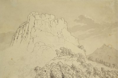 森の丘が前にあるロッキーヒルトップ（鉛筆、ペン、トイレットペーパーで洗う） 作： Caspar David Friedrich