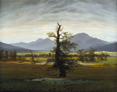 朝の光の孤独な木の村の風景、1822 作： Caspar David Friedrich