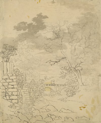 ブリッジ付きストリーム、c.1799（紙に鉛筆、ペン、インク） 作： Caspar David Friedrich