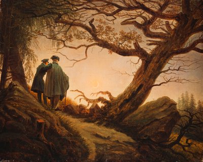 月を考慮した二人の男;月を熟考している2人の男性、1830年頃 作： Caspar David Friedrich