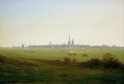 グライフスヴァルト近くの牧草地 作： Caspar David Friedrich