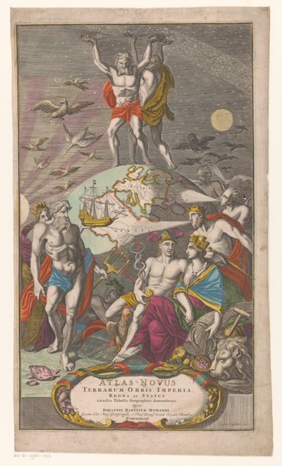 Atlas en Hercules ドラゲン sternerhemel タイトル: Johann Baptista Homan, A New Atlas of the World Empires, Kingdoms and States showing Exact Geographical Tables, 1710 作： Caspar Luyken