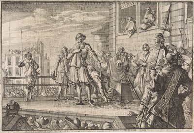 トーマス・ウェントワース、ストラフォード伯爵が足場から人々に話しかける、1641年 作： Caspar Luyken