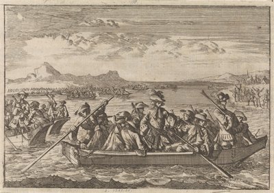 サヴォイアから追い出されたヴァルデン人は、1689 年にジュネーブ湖を渡ってはしけで祖国に戻る 作： Caspar Luyken